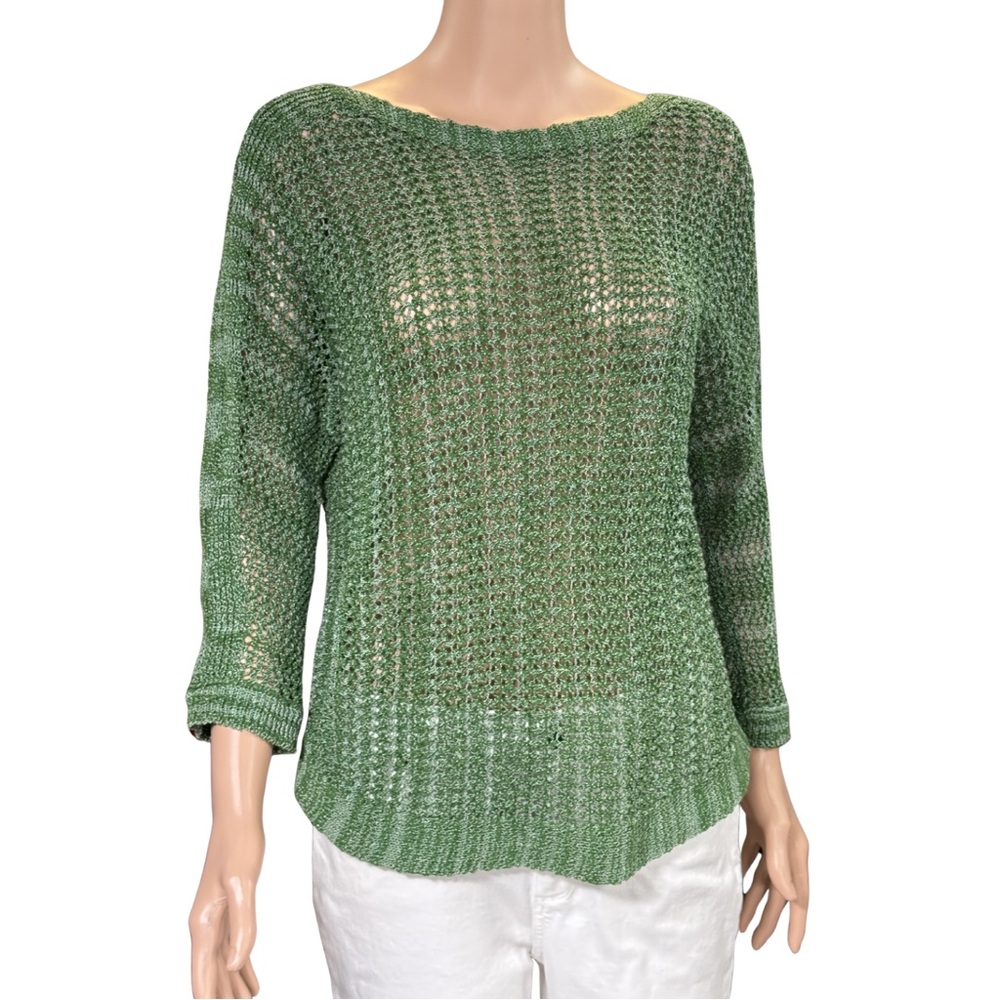 J. Jill Green Metallic Open Weave Knit Boat Neck Sweater‎ 3/4 Sleeve Size S